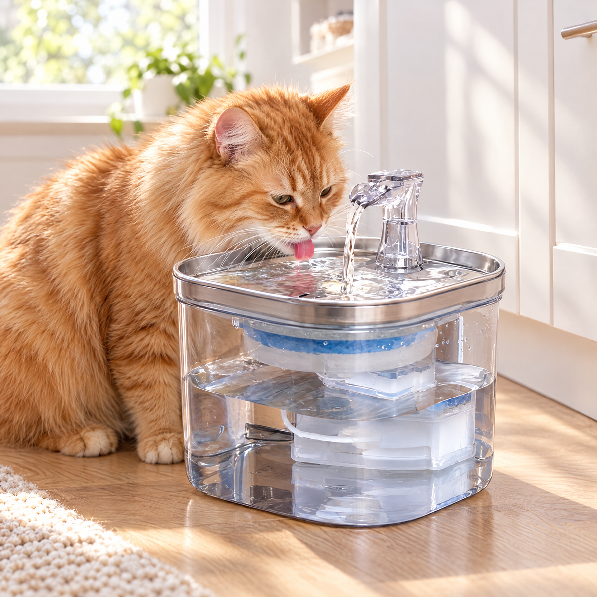 Ginger cat drinking fresh flowing water from MewSip in a bright kitchen