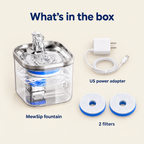 What's in the box: MewSip fountain, US power adapter and 2 filters