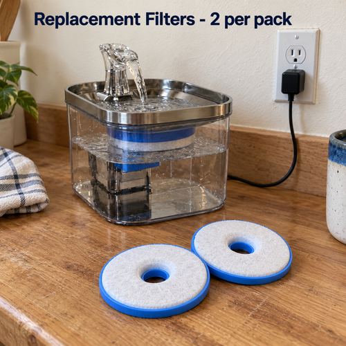 MewSip replacement filters, 2 per pack, next to the fountain plugged in